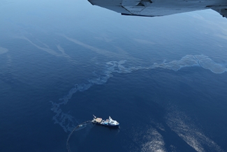 oil sheen on water from the air