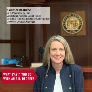 photo of woman in courtroom with state seal and red graphic