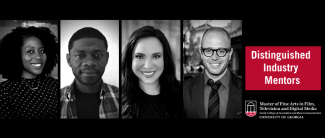 headshots of four people, with red block and logo