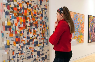 photo of woman studying abstract art