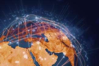 graphic illustration of globe with connecting points of transference  