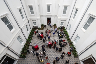 overhead photo of courtyard, with people, day