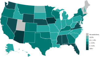 map of United States with color coded states and key