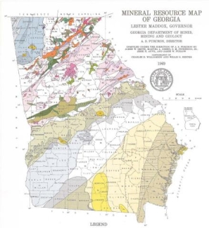 graphic map of Georgia with belts of mineral deposits in different colors