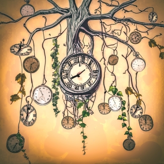 illustration with plants, roots and clocks