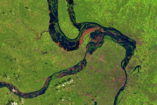 satellite map of three rivers converging on a green background