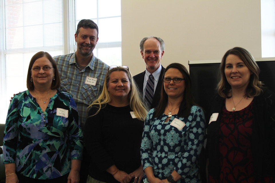 Staff recognize for 15 years of service, from left, Susan LeCroy, Bryan McLucas, Elizabeth Fuller, April Brown, Andrea Barnett, with dean Dorsey