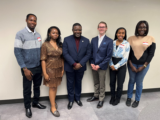 GA SEMAU Delegation team leaders (Nwaise, Phillips and Teshome) with Ambassador Kanyama and the two UGA Graduate Advisors (Nichesius and Fawe)