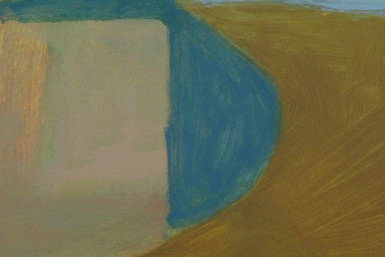 section of a painting with white, blue and tan abstract shapes