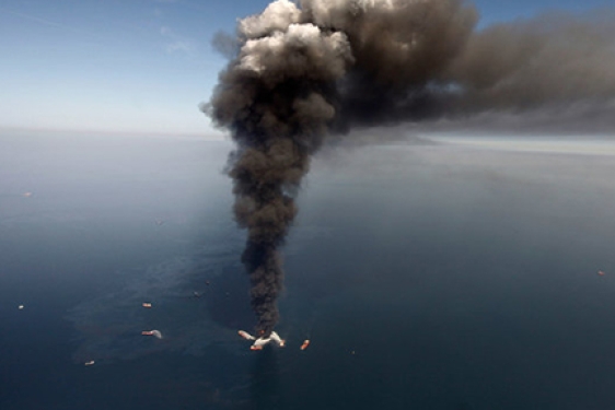 smoking oil rig in the Gulf of Mexico