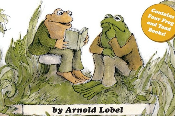 cartoon book cover with toad reading book to frog