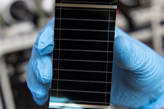 photo of tiny solar cell, held by blue-gloved hand