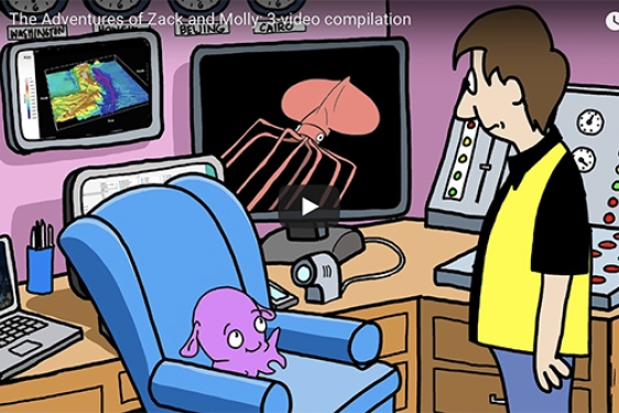 cartoon still with boy and octopus in office