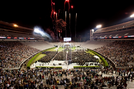 photo of stadium with fireworks at commencement