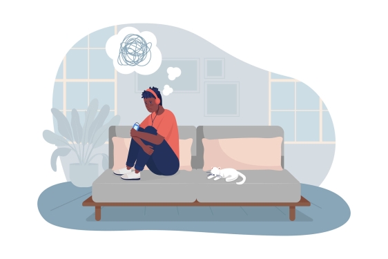 graphic illustration with person on couch with headphones, cat