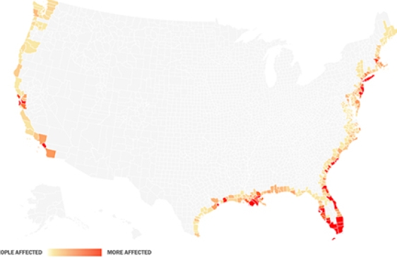 U.S. map with coastal counties highlighted