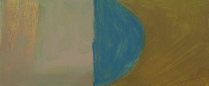 section of a painting with white, blue and tan abstract shapes