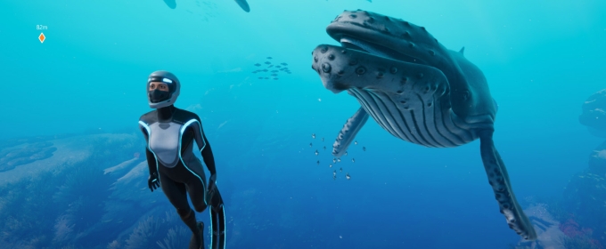 CGI image of whale and diver in the deep sea