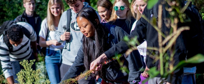 photo of students in garden with medicinal plants 