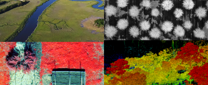 composite of four images, with aerial and infrared photos