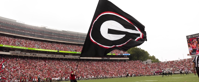 photo of man with large flag in the end zone at the stadium during a football game