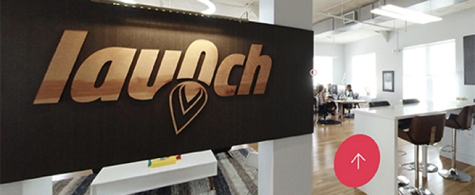 inside of an office space, with sign 'Launch'