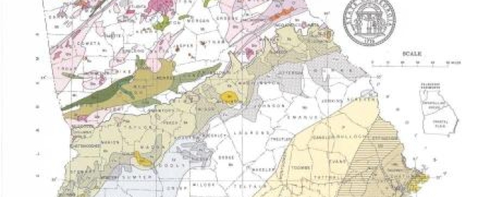 graphic map of Georgia with belts of mineral deposits in different colors