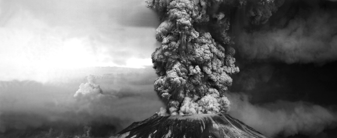 black and white photo of volcanic eruption