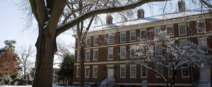 old college in the snow