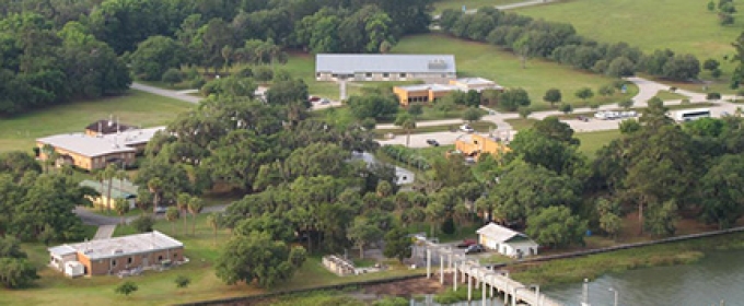 aerial view of dock with research vessel