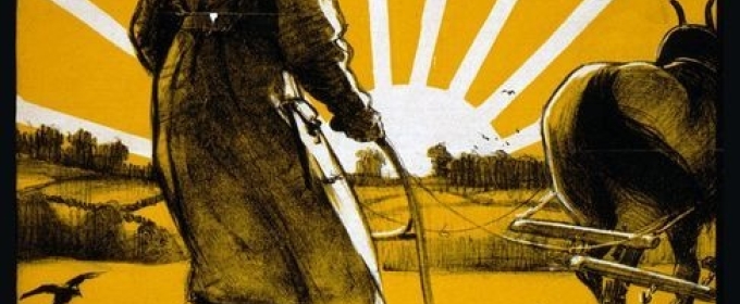 yellow and white poster graphic of woman, plow, sun rise