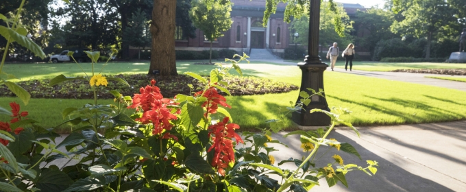 photo of flowers with building, two people, in the background 