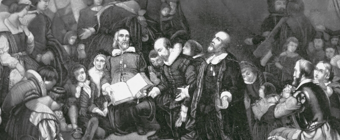 black and white engraving of puritan discussion and service