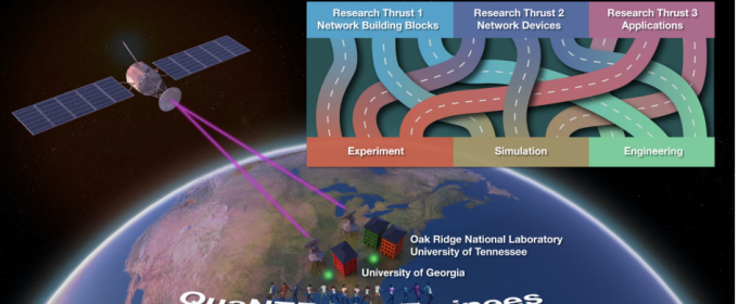 graphic with image of Earth, a satellite, campus buildings and schematic